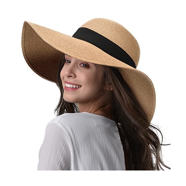 Wide Brim Sun Straw Hats for Women UPF 50 Foldable Roll up Floppy Summer Beach Hat