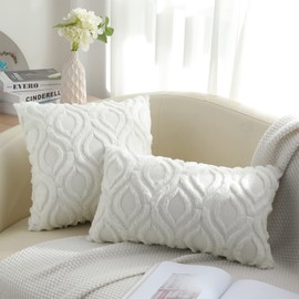 decorUhome Set of 2 Faux Fur Cushion Covers 65x65 cm, Decorative Soft Plush Fluffy Velvet Cushion Cover 26X26 Inch, Square Boho Neutral Pillow case for Sofa, Cream White