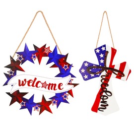 DTBYATE 2 Piece Wooden 4th of July Decoration Door Front Door Sign Star Wall Signs Independence Day Patriotic Day Wreath Welcome Memorial Day Hanging for Memorial Day Porch Wall Indoor Home Decor
