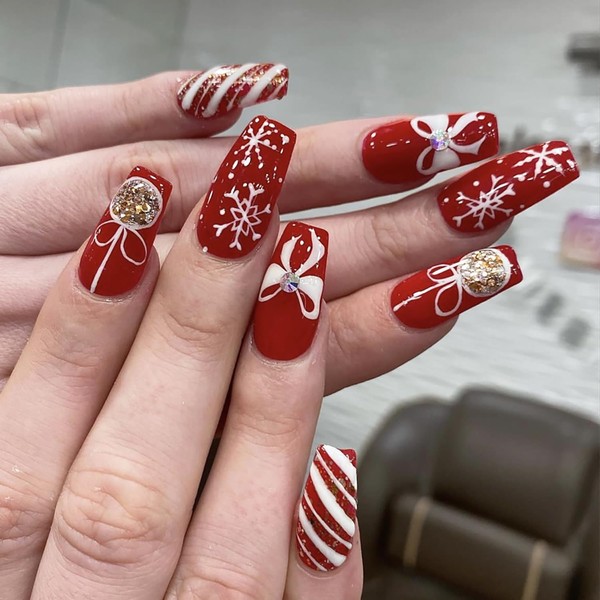Red Christmas Press on Nails Medium Square Fake Nails with