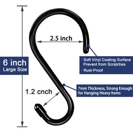 HiGift 6 Inch Large S Hooks for Hanging Heavy Duty, Non Slip Vinyl Coated S Hook for Closet, Steel Metal Black Rubber Coated S Hooks for Hanging Plant Jeans Pot Pan Clothes Purse Towel Bags- 4 Pack