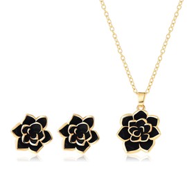 EVEVIC Lotus Flower Necklace Earrings Set for Women 14K Gold Plated Hypoallergenic Jewelry Sets (Black/Rose Gold-tone)