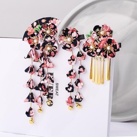 Union Power Japanese Style Hair Clips Set, 3pcs Sector Cherry Tassel Hairpin, Hair Accessories Flower Kimono Traditional Hairpins, Fashion Blossom Hair Clamp Bride Hanfu Accessory for Women (Black)