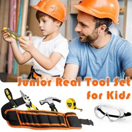 18-Piece Kids Real Tool Starter Kit with tool bag Hammer,Kids Safety Goggles, Pliers, Wrench,Screwdrivers,DIY Real Tools for Boys & Girls Beginner Learning Gift, Tool Belt Waist 22"-40"