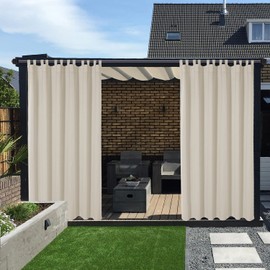 LORDTEX Waterproof Indoor/Outdoor Curtains for Patio - Thermal Insulated, Sun Blocking Detachable Sticky Tab Top Blackout Curtains for Porch, Pergola, Cabana, 100 x 108 inch, 2 Panels, Vanilla