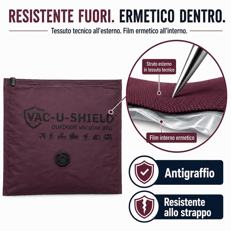 Vac-U-Shield Set 2 Sacchetti Sottovuoto Viaggio Outdoor Rosso 45x34 cm