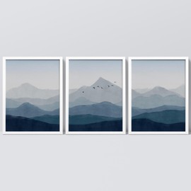 SIGNWIN Framed Blue Mountain Wall Art, Set of 3 Range Bird Sky Landscape Wall Decor Prints, Nature Wilderness Wall Décor for Living Room, Bedroom - 12"x16" White