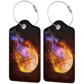 Set of 2 Sports Luggage Tags with Fire Basketball Pattern, Leather Suitcases Tag with Stainless Steel Ring for Backpack Baggage, Cool Travel Labels with Name ID Card Cover for Kids Teens Adults