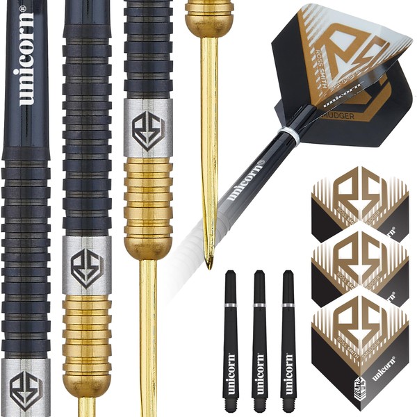 Unicorn Darts Set | Ross 'Smudger' Smith | 90% Tungsten Barrels with Two-Tone Black & Golden Titanium Coatings | Steel Tip Gold Volute Points | 24 g