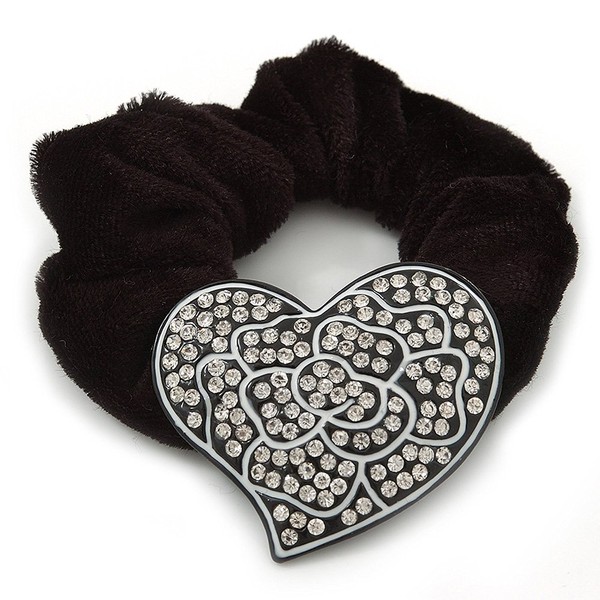 Large Crystal Classic 'Heart' Pony Tail Black Hair Scrunchie -