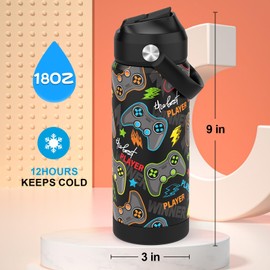 Boys Water Bottle with Straw,18 oz Kids Insulated Cups with Stainless Steel Leak Proof for School,Sport&Travel（Game）