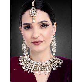 Aheli Kundan and Simulated Colored Stones Indian Ethnic Maang Tikka Necklace and Earrings Set Bollywood Festive Statement Jewelry for Women