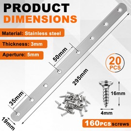Zonon 20 Pcs Flat Mending Plate 12" Stainless Steel Straight Brackets Flat Straight Braces Metal Plate with Holes Mending Joining Plates Repair Fixing Bracket for Wood Connector with 160 Screws