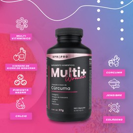 Multivitaminico Para Mujer con Curcuma, Colageno y Pimienta negra 180 Cápsulas Vitaminas Vinagre de Manzana Jengibre Pimienta Negra Biotina Acido Fólico