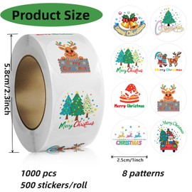 1000Pcs Merry Christmas Stickers Round 1 Inch, 8 Designs Merry Christmas Stickers Santa Claus Deer Bells Xmas Tree Holiday Party Decorative Envelope Seals Sticker Label Cards Gift Boxes Tags