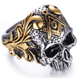 Jude Jewelers Stainless Steel Gothic Skull Vintage Masonic Biker Ring (Silver & Gold, 9)