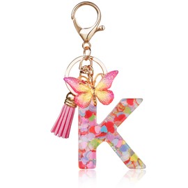 OSDUE Fashion Alphabet Initial Letter Keychain, Women Tassel Butterfly Pink Purple Cute Car Keyrin, Pink and Gold Resin Alphabet Keychain, Tassel Butterfly Pendant Key Ring for Wallet (J)