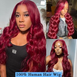 28 Inch 99j Burgundy Lace Front Wigs Human Hair Red Burgundy Wig Human Hair 13x4 Body Wave Lace Front Wigs Pre Plucked Glueless Lace Front Wigs for Women 180% Density