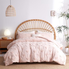 Bildenly Boho Tufted Comforter Set Queen Size Pink Heart Tufted Textured Bedding Set 3 Pieces Farmhouse Shabby Chic Embroidery Bed Set Soft Jacquard Comforter for All Season with 2 Pillowcases