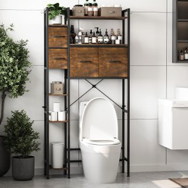 Espelism Over The Toilet Storage Rack with 4 Drawers – 7-Tier Freestanding Bathroom Organizer with Shelves, Side Racks & Hooks, Rustic Brown Space Saver for Bathroom, Laundry (Rustic Brown)