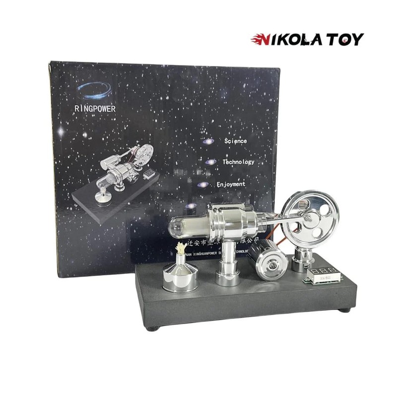 NIKOLATOY Mirror Polished Stirling Engine with Voltmeter & USB Plug