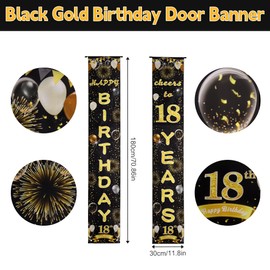ANOMM 18th Happy Birthday Door Banner, Black Gold 18th Birthday Door Decorations for Boys Girls, Reusable Birthday Party Decorations Door Porch Sign Banner for Indoor Outdoor Wall Decor, 180 * 30cm