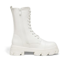 DREAM PAIRS Women's DMB215 Combat Boots Lace up Mid Calf Boots Low Heel Chunky Platform Riding Boots, White, Size 9