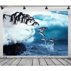 CORFOTO 8x6ft Fabric Penguin Photography Backdrop Winter Antarctic Scene Background Penguin Themed Party Decorations Baby Shower Backdrop Wedding Anniversary Photoshoot Studio Booth Props