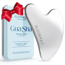 PLANTIFIQUE - Herramienta facial Gua Sha de acero inoxidable, herramienta de masaje de piel para cara, cuerpo, ojos y cuello, forma de corazón con bolsa de viaje, regalo para el cuidado de la piel