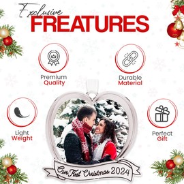 Our First Christmas Ornament – Wedding Ornaments 2024 – Heart Picture Frame Ornament with Silver Ribbon – 2024 Christmas Ornament for Engaged or Newlyweds