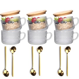 ZWFDC 6 Pcs Vintage Coffee Mugs - 14oz Clear Glass Tea Cups with Lids and Spoons - Ideal Iced Coffee Cups for Housewarming Gifts & Coffee Bar Accessories, Gifts for Women, White Elephant
