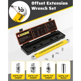 XKONE Offset Extension Wrench Set,15.4" Offset Extension Wrench with 1/4",3/8",1/2" Square Drive Adapters and 1/4" Socket.