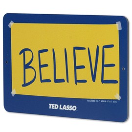 Open Road Brands Ted Lasso Believe Metal Sign - Small Ted Lasso Sign for Man Cave, Office or Bedroom, Gold/Blue