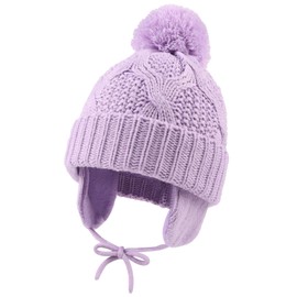 Pesaat Knitted Baby Winter Beanie Earflap Warm Hat for Infant Toddler Boys Girls Fleece Lined Beanies with Pompom (6-12 Months, Purple)