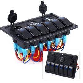 Switch Panel Boat Marine Switch Panel 6 Gang ON-Off Ignition Switch Waterproof Switch Panel with Dual USB Charger, LED Voltmeter and Socket for Car Truck Yacht