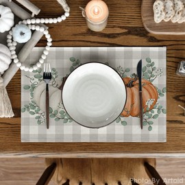 Artoid Mode - Juego de 6 manteles individuales de otoño con diseño de calabazas naranjas, hojas de eucalipto, 12 x 18 pulgadas, para decoración de fiesta, cocina, comedor