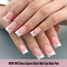 NOVO OVO Short Sharp Square White French Tip Nail Tips Press on BABY PINK, Need Builder Gel Top Coat Nail Glue, Soft Gel Fake Nail Extension, Full Cover False Nails for Salon DIY x 15 Sizes 240 pcs