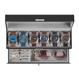 SONGMICS 6-Slot Watch Box, Lockable Watch Case with Glass Lid, 2 Layers, with 1 Drawer for Rings, Bracelets, Gift Idea, Black Synthetic Leather, Gray Lining UJWB060G01