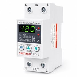 SINOTIMER Adjustable Voltage Surge Protector 110VAC 120VAC, Relay with LED Display, 80-100V Undervoltage, 130-150V Overvoltage, 60Hz 40A with DIN Rail Mount