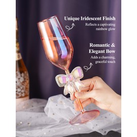 NiHome 2-Pack Pink Iridescent Champagne Flutes with Bow Base for Women, 10.5oz/310ml Handcrafted High Borosilicate Glasses, Elegant Rainbow Glassware for Wedding Party Celebration