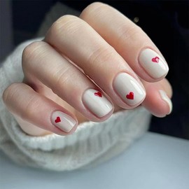 Short Press on Nails Square Fake Nails White Valentine's Day False Nails with Red Heart Designs Cute Stick on Nails Solid Color Glossy Acrylic Glue on Nails for Women Girls 24Pcs