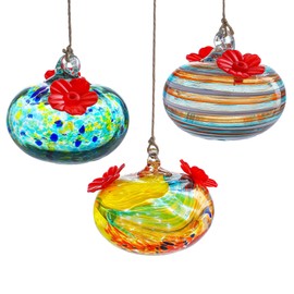 QFkris 3 Pack Blown Glass Hummingbird Feeder for Outdoors Hanging, Small Hummingbird Feeder with Flower Feeding Ports, Bird Feeder for Outside Garden Backyard Decor, Gifts for Women