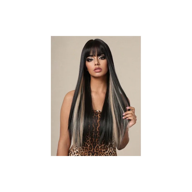 Peluca Cabello Natural Con Flequillo Larga Lacia De Mujer
