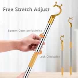 Retractable Long Pole with Hook Telescoping Closet Pole 33"-56" Adjustable Christmas Light Reaching Pole Extendable Reach Stick Clothing Hanger Pole for High Area, Shelf, Closet Top (Yellow)