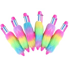 XIANFANG 6 Pcs Fluffy Multicolor Retractable Ballpoint Pens | 6-in-1 Shuttle Rainbow Pom Pens with 0.5 mm Tips, Quick-Drying Ink for Students, Teachers, Office, School, Party Favors