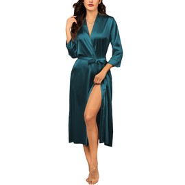 Ekouaer Women's Lightweight Dressing Gown Long Satin High Quality Luxury Bridesmaid Dress Wedding Party Kimono Silk Robes 3/4 Sleeves Soft & Lightweight Sleepwear Women with Pockets, Green