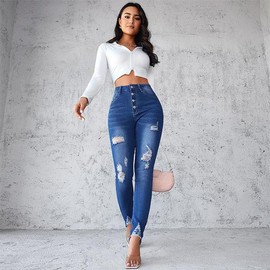 FLOYU European and American high waist skinny jeans women 2024 spring style slim blue buttoned small pants pencil pants Breathable Casual - Color: blue, Size: L