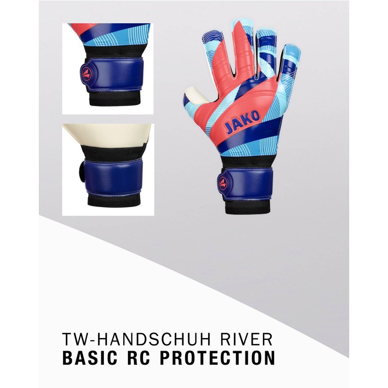 JAKO Unisex River Basic RC Protection Goalkeeper Gloves, Navy/SkyBlue/Coral, 4