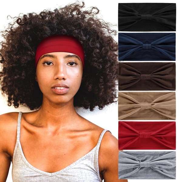 Achiou Wide Headbands for Women Non Slip, Fashion Boho Knotted Hair Bands for Wome's , Cotton Elastic Hair Wrap for Girls Running Sport Yoga,6 Pack