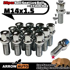 ARROW 20x Chrome M14x1.5 Ball Seat Bolt 28mmShank/17mm